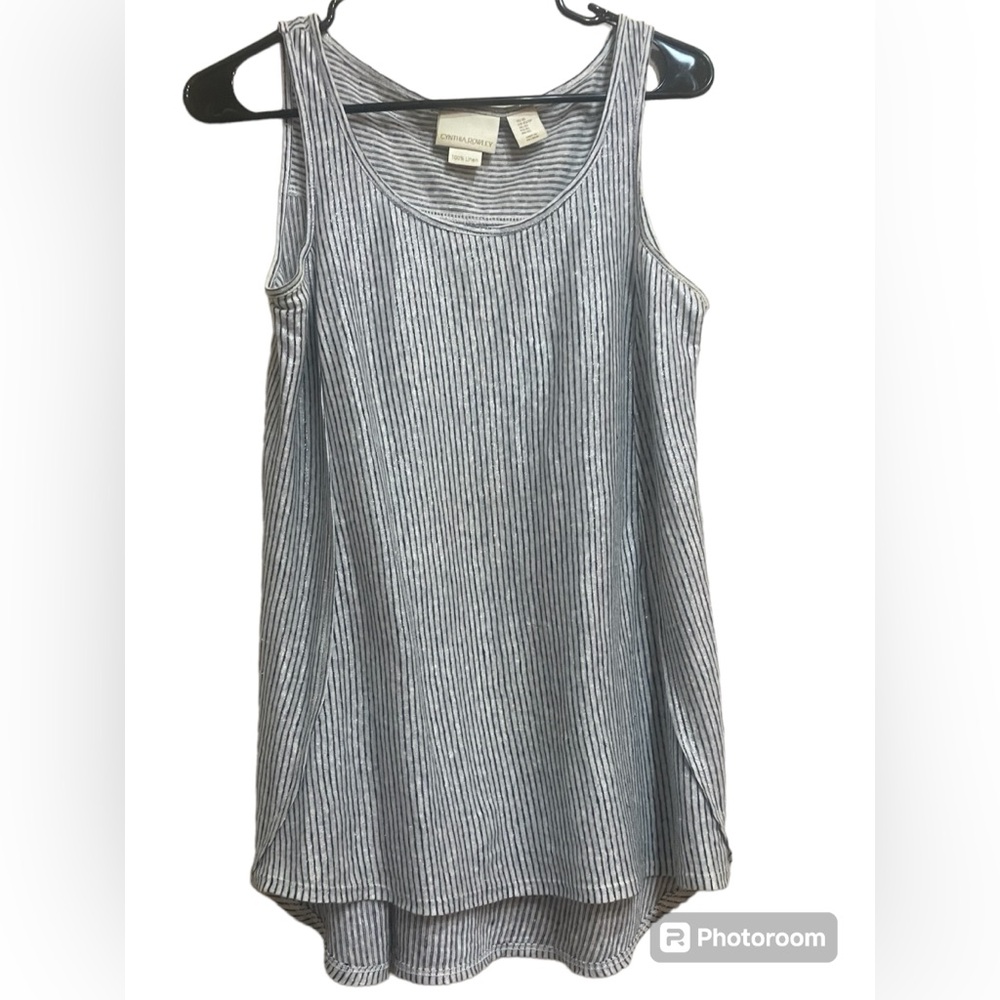 𝅺Cynthia Rowley Linen Stripe Tank XS Nautical Metallic Blue Silver White
